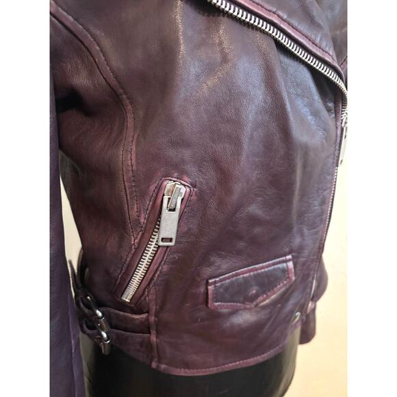 Amaryllis Distressed 100% Leather Moto Deep Jacket Purple Asymmetric Zip Size S - Picture 11 of 15